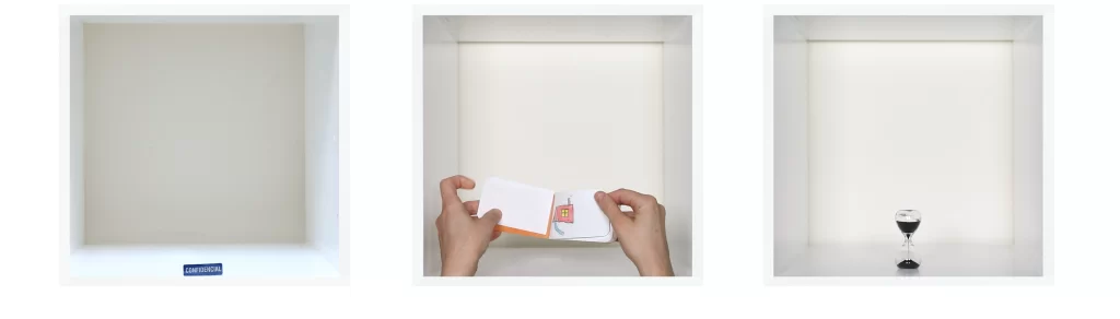 3 images horizontally. Two with hourglasses and one with a pair of hands looking at a children's drawing of a house.