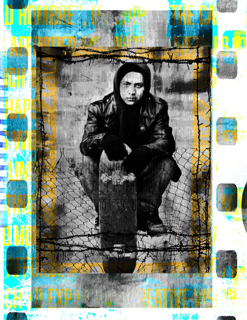In the drawing we see an artwork of a man standing on top of barbed wire with a hoodie and jacket on as he is holding a skateboard with two black gloves on his hands